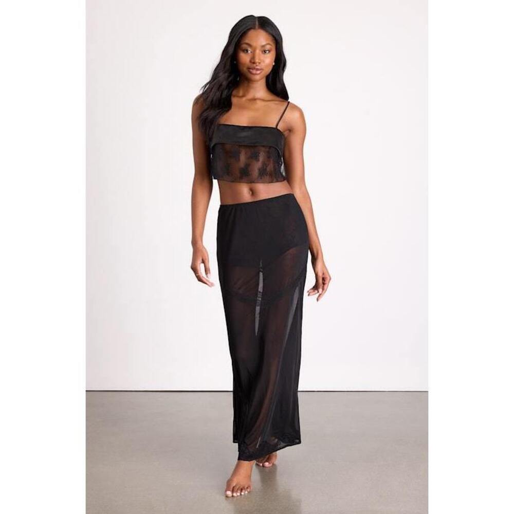 Lulus Laurena Black Sheer Lace Two-piece Lingerie Slip Set - Size M